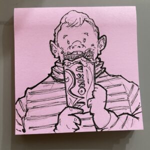 drawing of Augustus gloop eating a Wonka bar