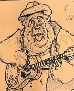 an ink drawing on a orange sticky note of Big Al, the Country Bear, playing a guitar and singing blood on the saddle