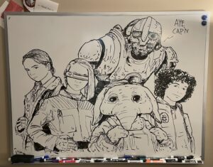 whiteboard drawing of the kids from Skeleton Crew